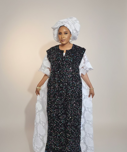 Robe africaine dentelle velours pailleté  - Blanc