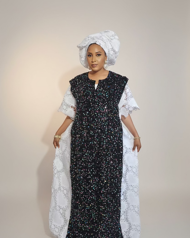 Robe africaine dentelle velours pailleté  - Blanc