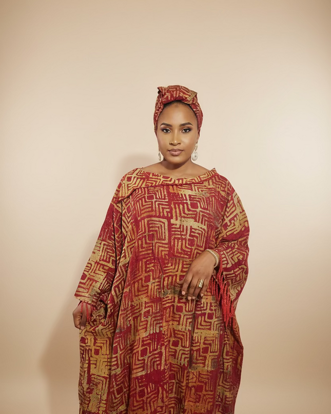 Boubou adire dempé perlé ileri - Rouge