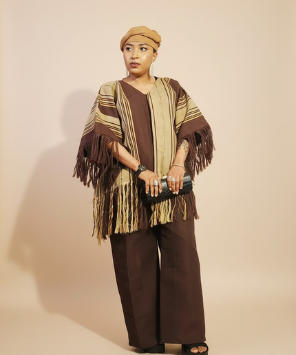 Ensemble pantalon aso oke à fringe - Marron