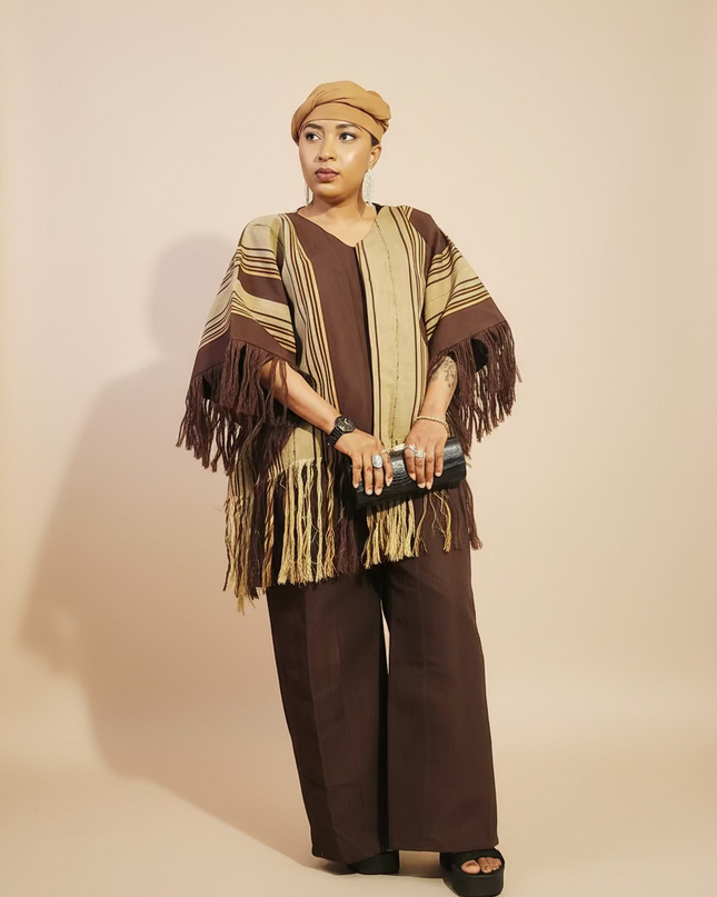 Ensemble pantalon aso oke à fringe - Marron
