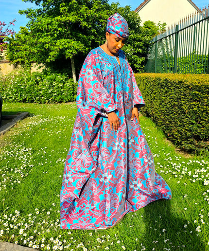 Boubou damask brodé - Bleu rouge