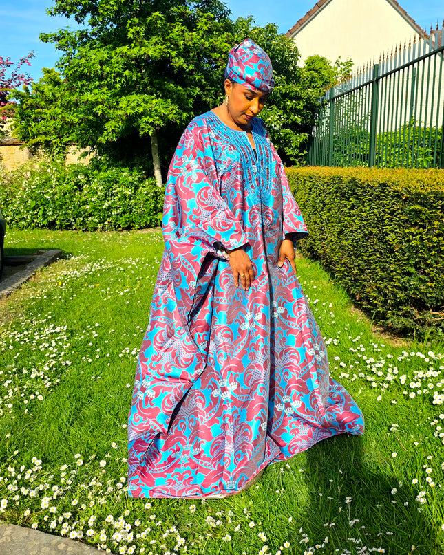 Boubou damask brodé - Bleu rouge
