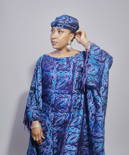Boubou adire dempé perlé motunrayo - Bleu nuit