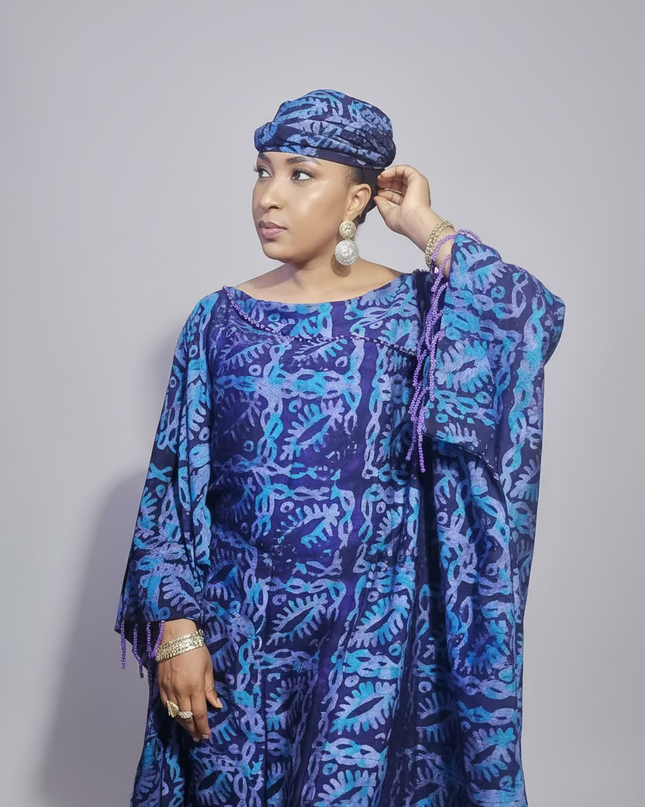 Boubou adire dempé perlé motunrayo - Bleu nuit