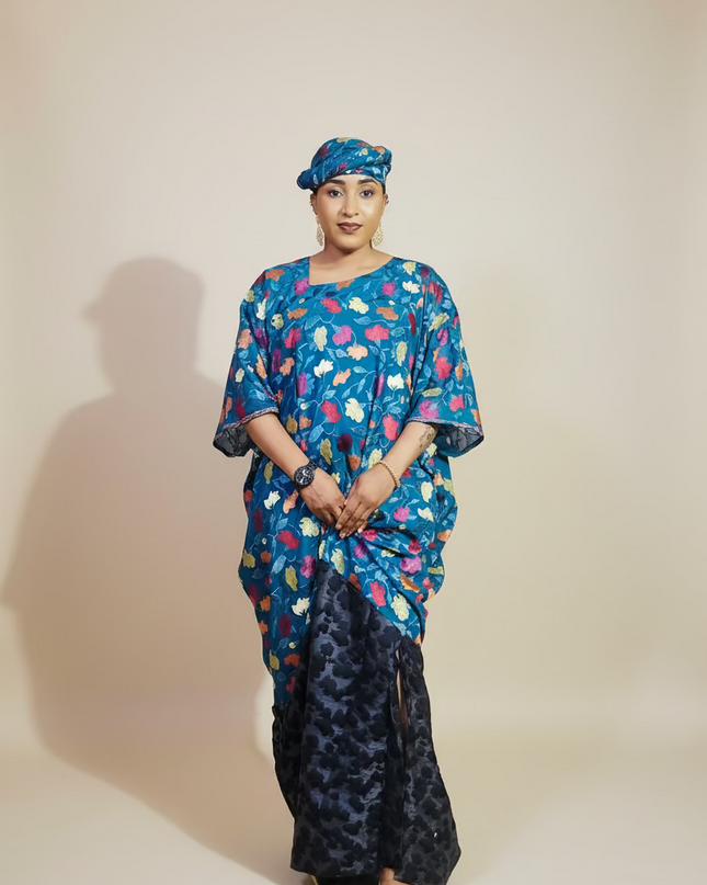 Caftan dentelle indienne - organza - Bleu black