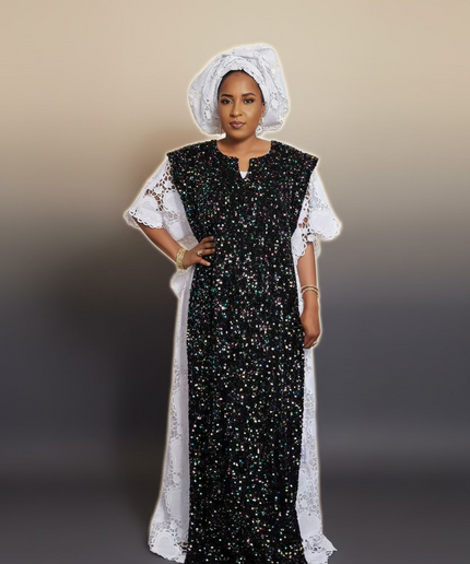 Robe africaine dentelle velours pailleté  - Blanc