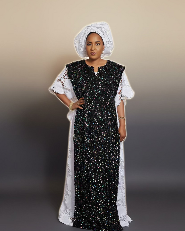 Robe africaine dentelle velours pailleté  - Blanc