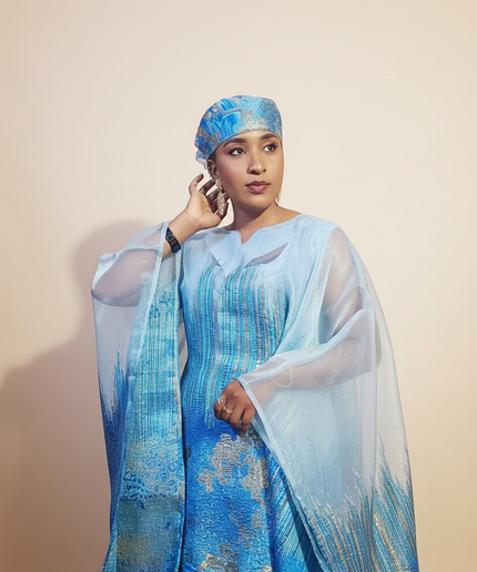 Ensemble amma brocart organza - Bleu