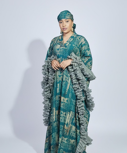Boubou crepe adire à froufrou - Vert