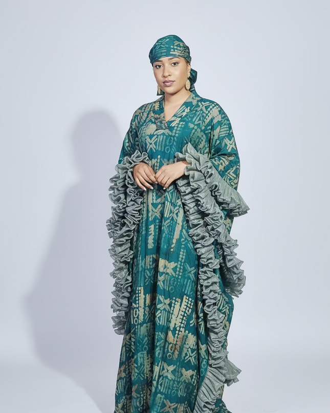 Boubou crepe adire à froufrou - Vert
