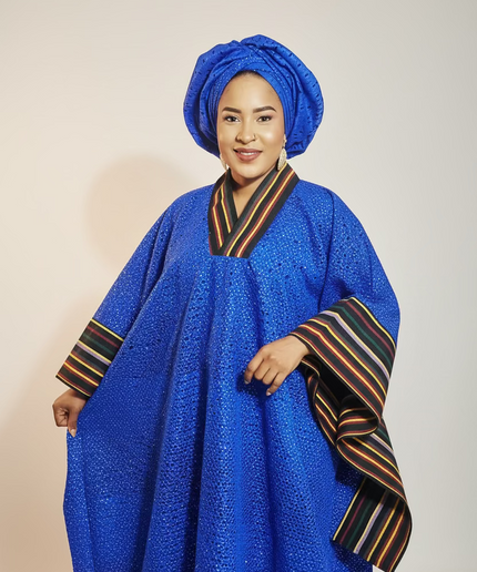 Robe morenike dentelle aso oke - Bleu roi
