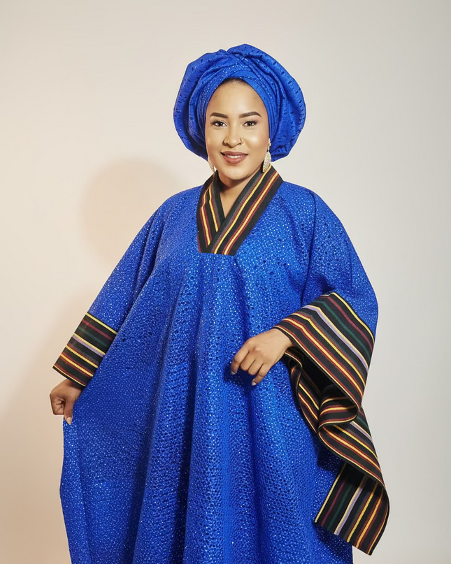 Robe morenike dentelle aso oke - Bleu roi