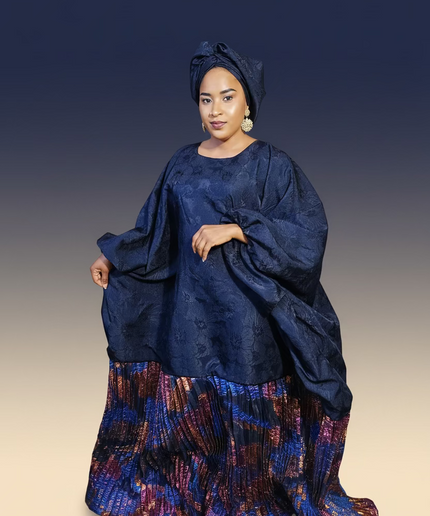 Boubou brocart plissé damask - Bleu nuit
