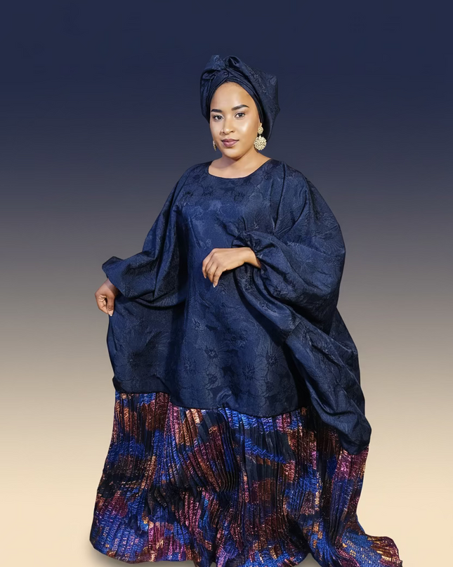 Boubou brocart plissé damask - Bleu nuit