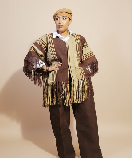 Ensemble pantalon aso oke à fringe - Marron
