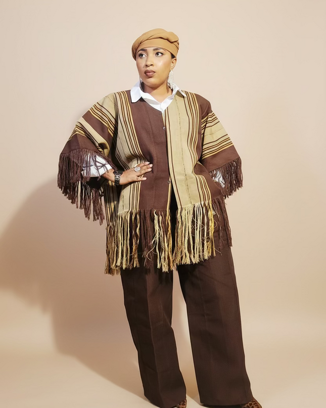 Ensemble pantalon aso oke à fringe - Marron