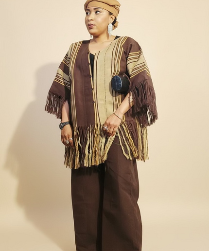 Ensemble pantalon aso oke à fringe - Marron