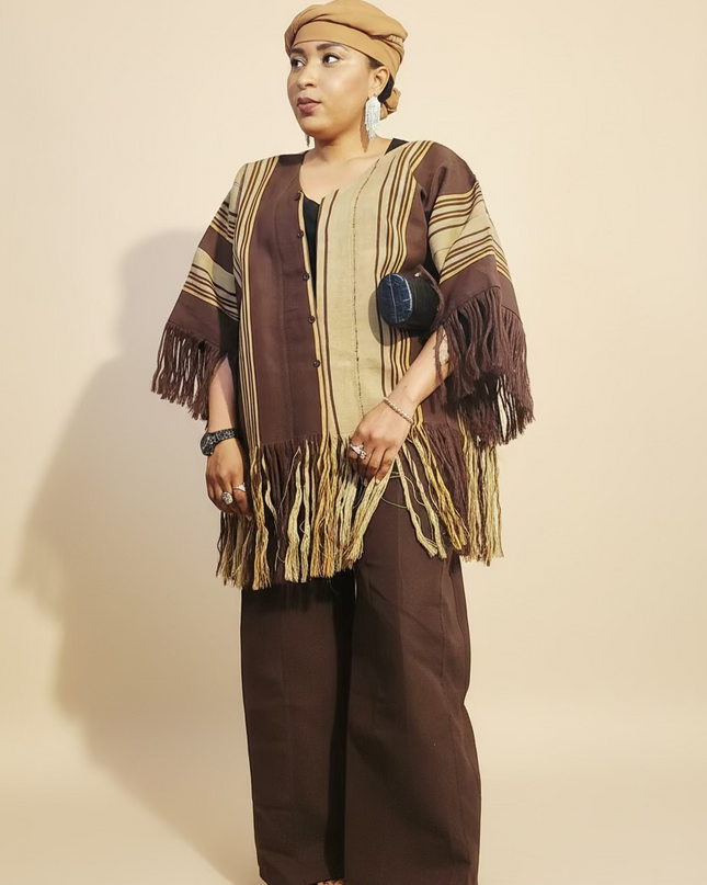 Ensemble pantalon aso oke à fringe - Marron