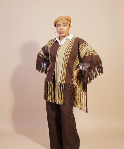Ensemble pantalon aso oke à fringe - Marron