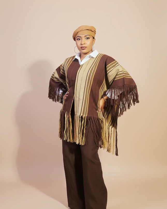 Ensemble pantalon aso oke à fringe - Marron