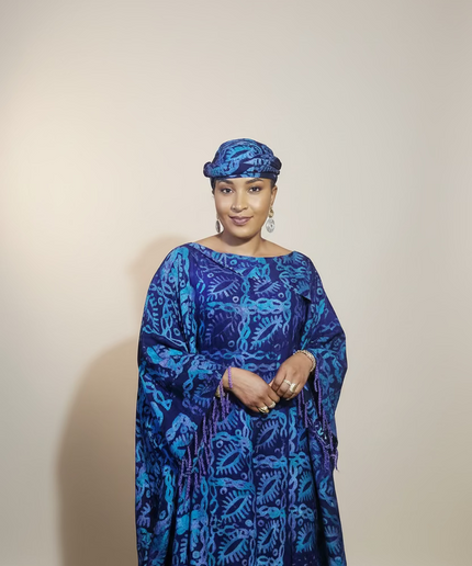 Boubou adire dempé perlé motunrayo - Bleu nuit