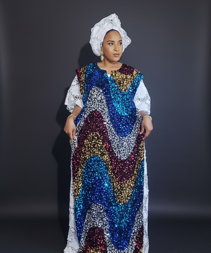 Robe africaine dentelle velours pailleté  - Blanc II