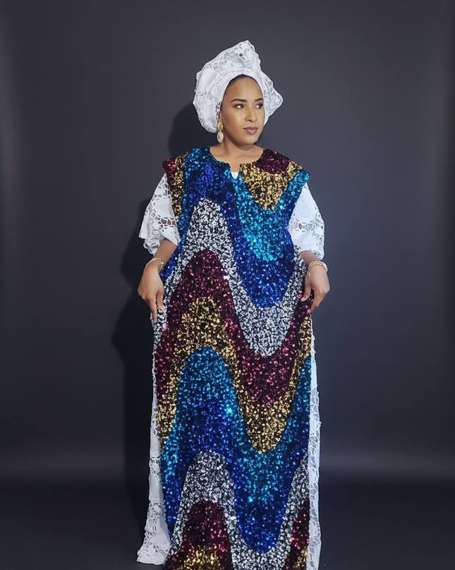 Robe africaine dentelle velours pailleté  - Blanc II