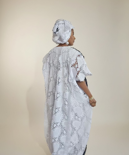 Robe africaine dentelle velours pailleté  - Blanc