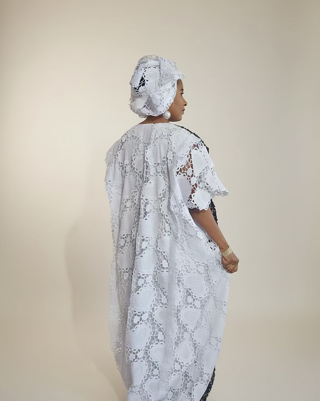 Robe africaine dentelle velours pailleté  - Blanc