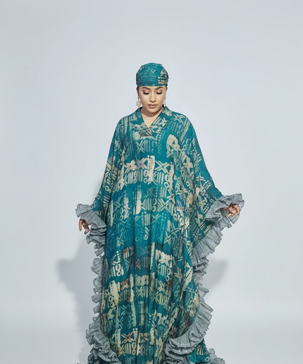 Boubou crepe adire à froufrou - Vert