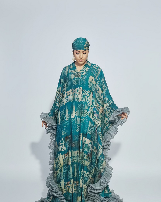 Boubou crepe adire à froufrou - Vert