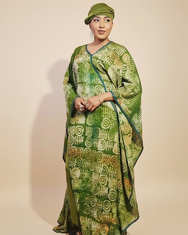 Boubou adire crepe avec jupe - Vert