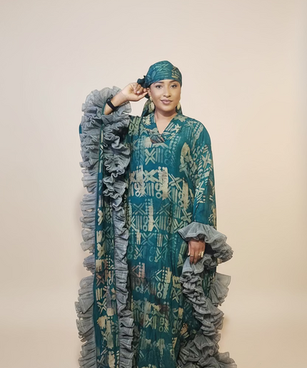 Boubou crepe adire à froufrou - Vert