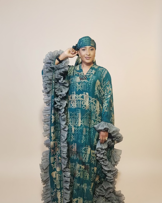 Boubou crepe adire à froufrou - Vert