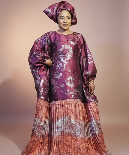 Boubou brocart plissé  - Bordeaux orange