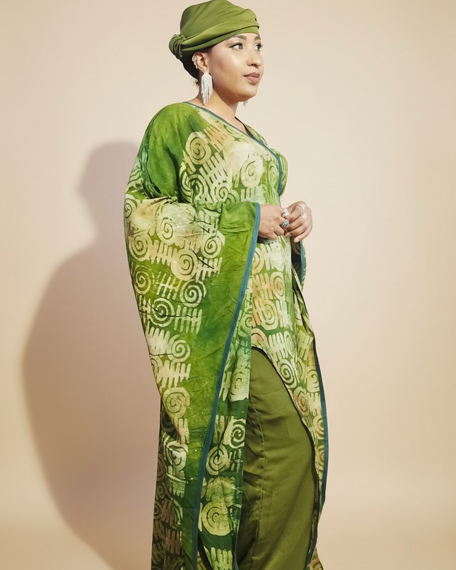 Boubou adire crepe avec jupe - Vert
