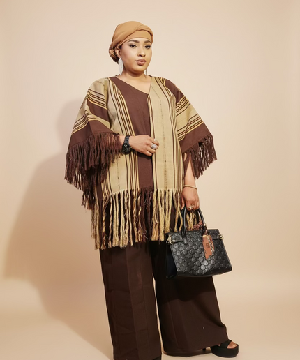 Ensemble pantalon aso oke à fringe - Marron