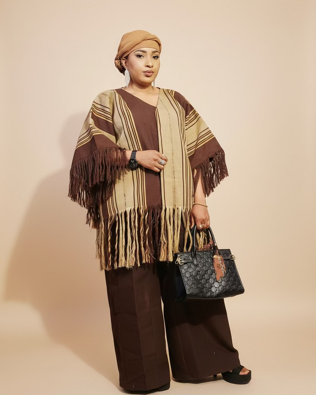 Ensemble pantalon aso oke à fringe - Marron