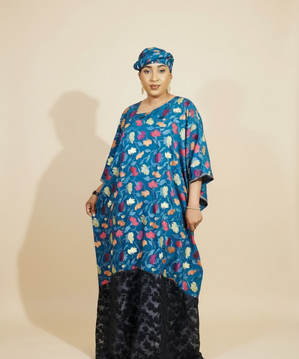 Caftan dentelle indienne - organza - Bleu black