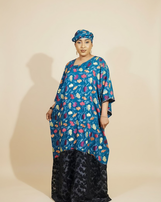 Caftan dentelle indienne - organza - Bleu black