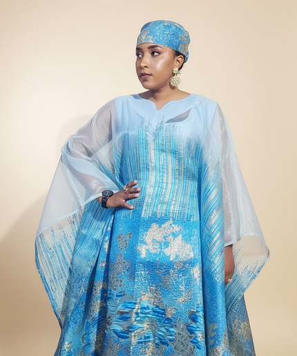 Ensemble amma brocart organza - Bleu