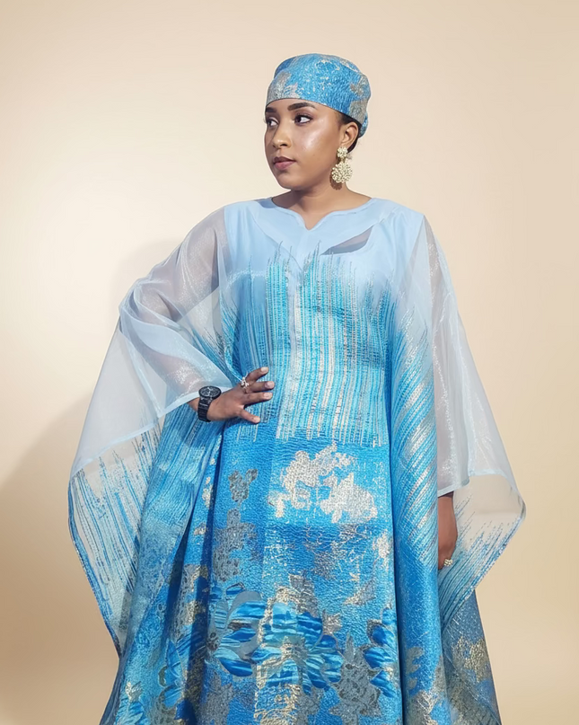 Ensemble amma brocart organza - Bleu