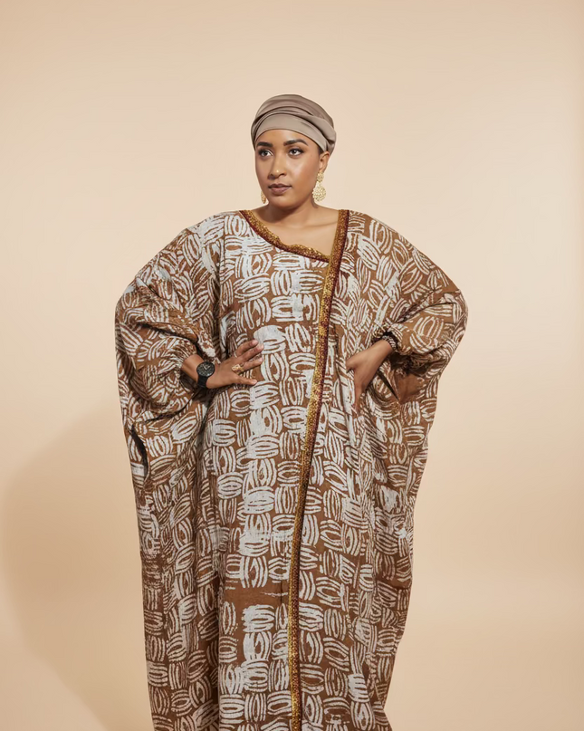 Boubou adire crêpe au bandeau - Marron