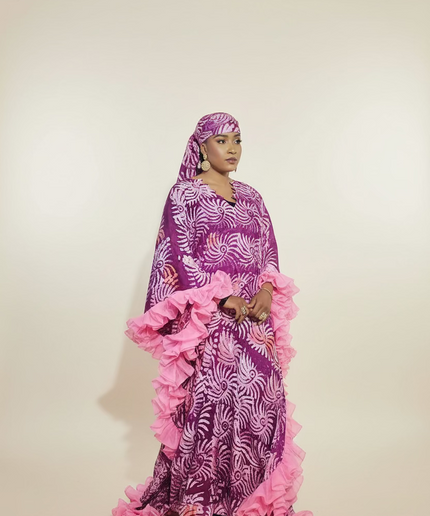 Boubou crepe adire à froufrou - Rose fuchsia