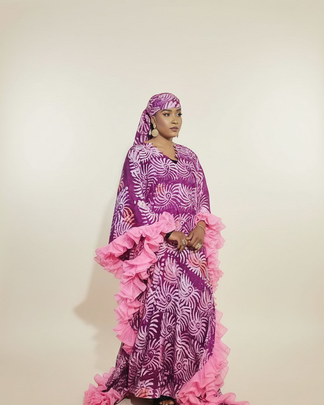 Boubou crepe adire à froufrou - Rose fuchsia