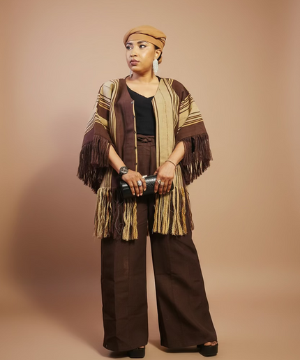Ensemble pantalon aso oke à fringe - Marron