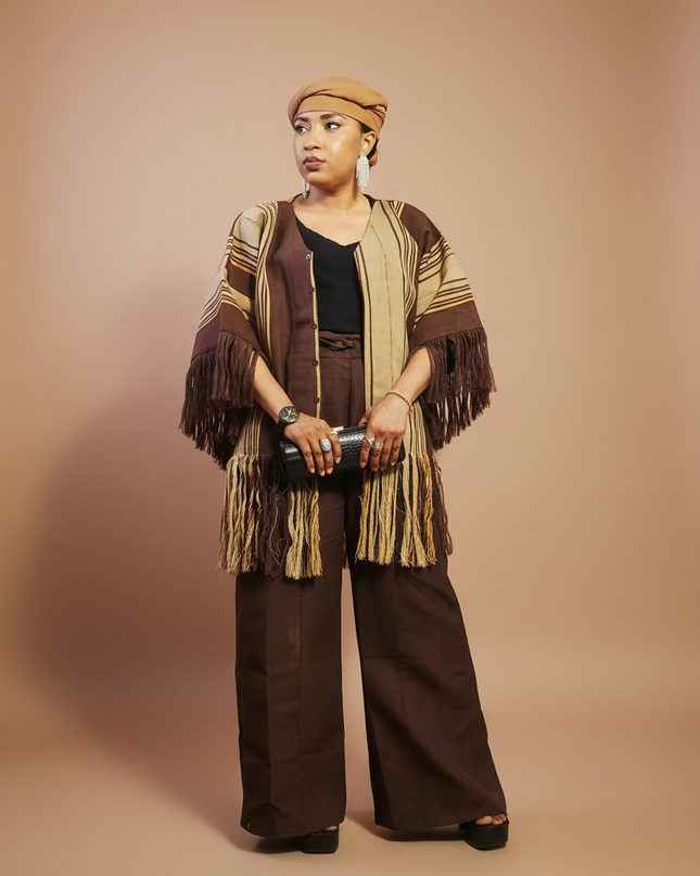 Ensemble pantalon aso oke à fringe - Marron