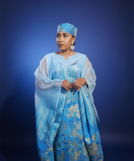 Ensemble amma brocart organza - Bleu