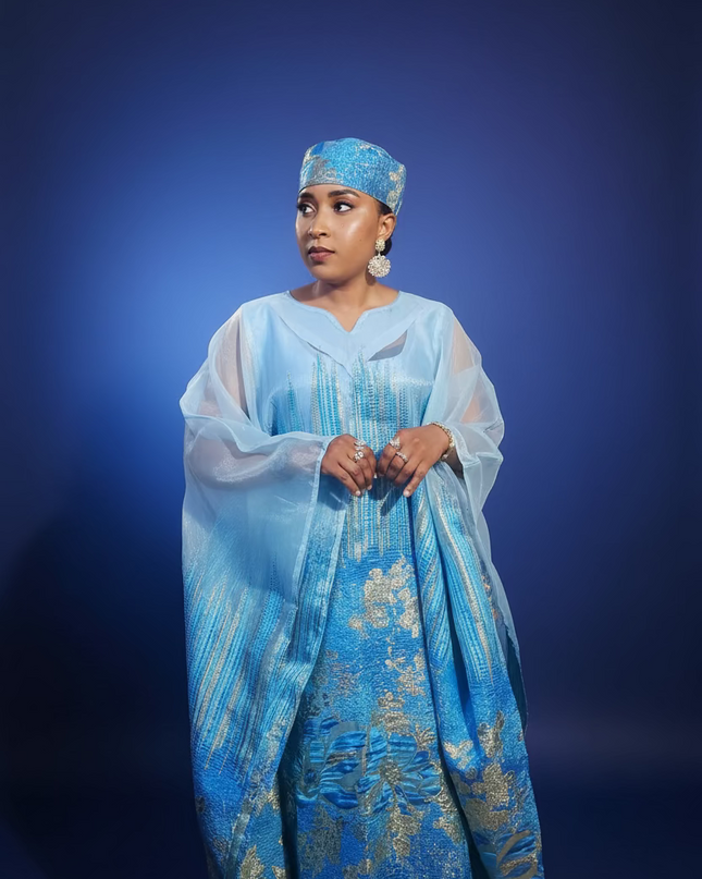 Ensemble amma brocart organza - Bleu